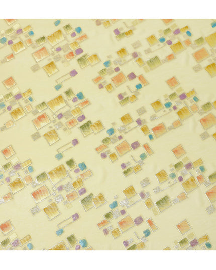 Soft Lemon Yellow Multicolor Premium Pure Silk Chiffon Fabric with Metallic Hand Print in Geometric Design, 110 Cms, South Korea-D26911