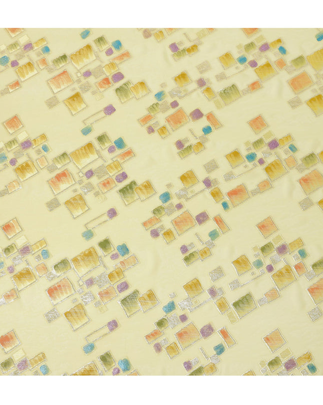 Soft Lemon Yellow Multicolor Premium Pure Silk Chiffon Fabric with Metallic Hand Print in Geometric Design, 110 Cms, South Korea-D26911