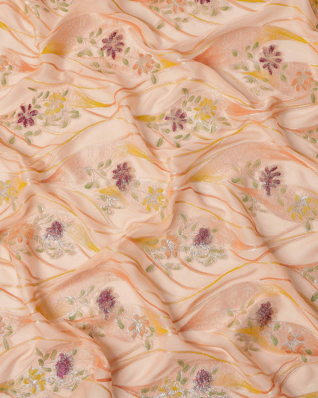 Peach Floral Metallic Hand Print Pure Silk Chiffon Fabric, 110 Cms, South Korea-D26925