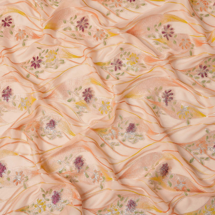 Peach Floral Metallic Hand Print Pure Silk Chiffon Fabric, 110 Cms, South Korea-D26925