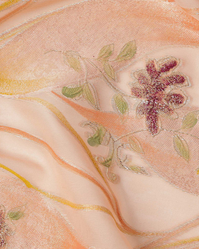 Peach Floral Metallic Hand Print Pure Silk Chiffon Fabric, 110 Cms, South Korea-D26925