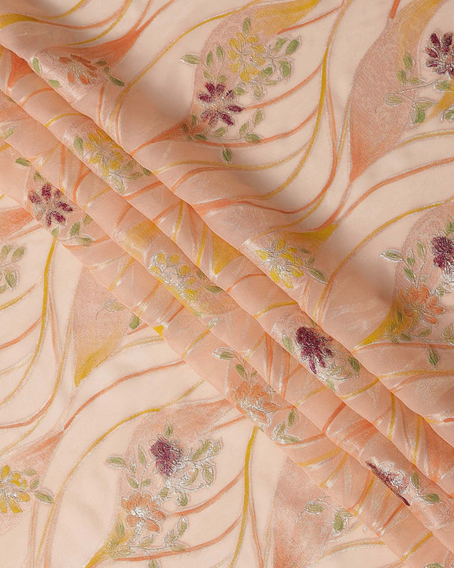 Peach Floral Metallic Hand Print Pure Silk Chiffon Fabric, 110 Cms, South Korea-D26925