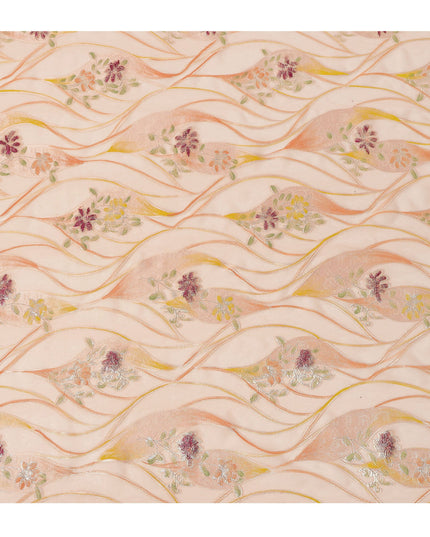 Peach Floral Metallic Hand Print Pure Silk Chiffon Fabric, 110 Cms, South Korea-D26925