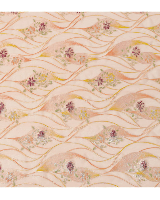 Peach Floral Metallic Hand Print Pure Silk Chiffon Fabric, 110 Cms, South Korea-D26925