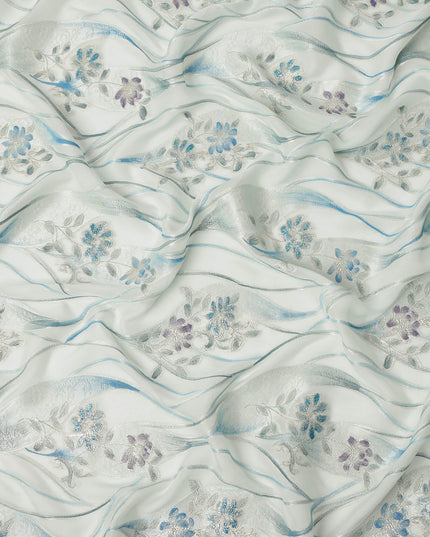 Ivory White Floral Metallic Hand Print Pure Silk Chiffon Fabric, 110 Cms, South Korea-D26920