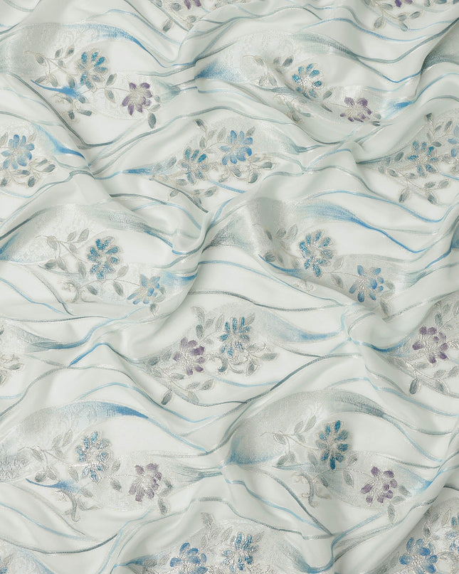 Ivory White Floral Metallic Hand Print Pure Silk Chiffon Fabric, 110 Cms, South Korea-D26920