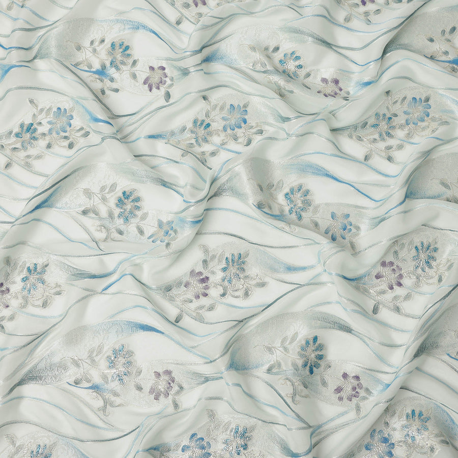 Ivory White Floral Metallic Hand Print Pure Silk Chiffon Fabric, 110 Cms, South Korea-D26920