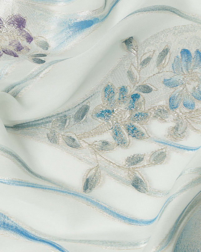 Ivory White Floral Metallic Hand Print Pure Silk Chiffon Fabric, 110 Cms, South Korea-D26920