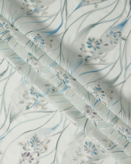 Ivory White Floral Metallic Hand Print Pure Silk Chiffon Fabric, 110 Cms, South Korea-D26920
