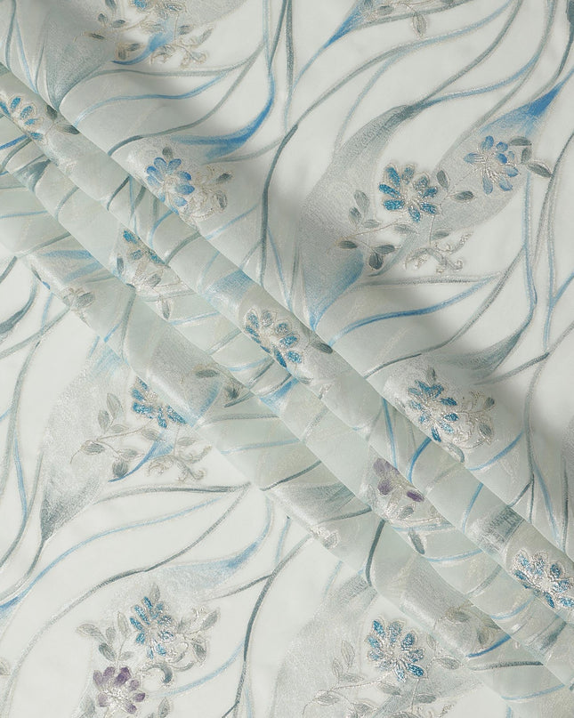 Ivory White Floral Metallic Hand Print Pure Silk Chiffon Fabric, 110 Cms, South Korea-D26920