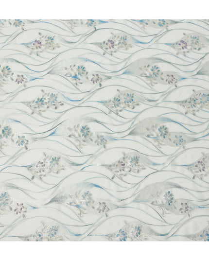 Ivory White Floral Metallic Hand Print Pure Silk Chiffon Fabric, 110 Cms, South Korea-D26920