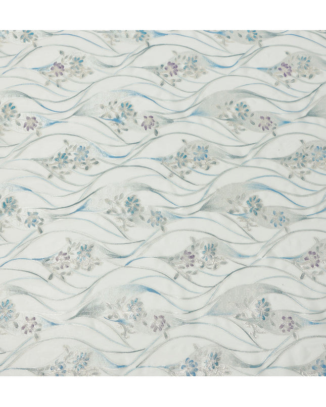 Ivory White Floral Metallic Hand Print Pure Silk Chiffon Fabric, 110 Cms, South Korea-D26920