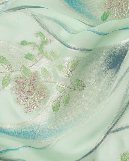 Mint Green Floral Metallic Hand Print Pure Silk Chiffon Fabric, 110 Cms, South Korea-D26922