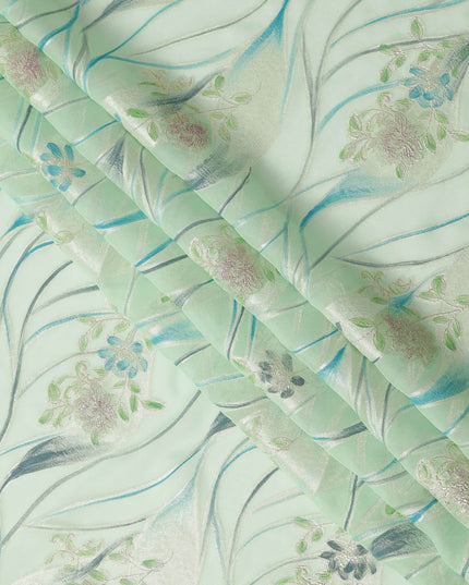 Mint Green Floral Metallic Hand Print Pure Silk Chiffon Fabric, 110 Cms, South Korea-D26922