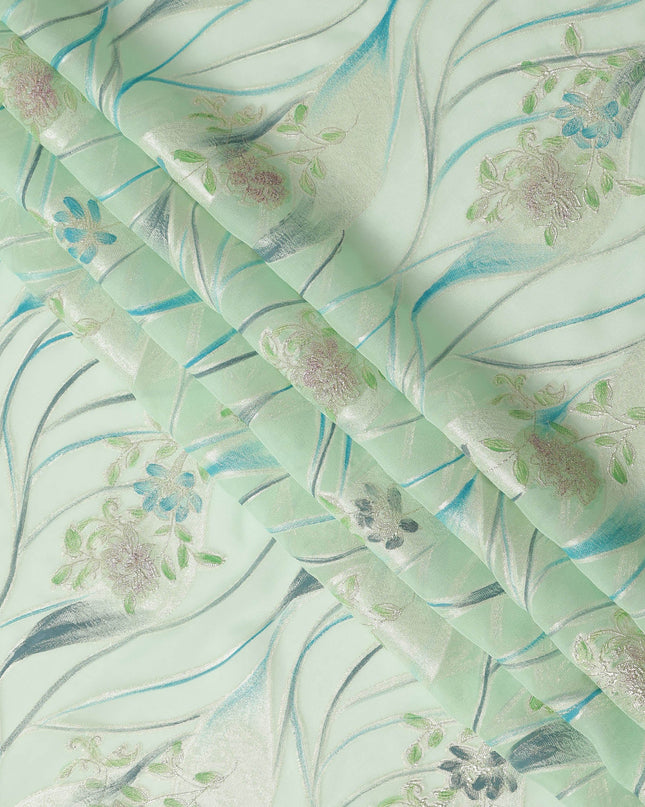 Mint Green Floral Metallic Hand Print Pure Silk Chiffon Fabric, 110 Cms, South Korea-D26922