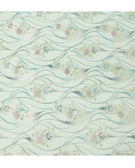 Mint Green Floral Metallic Hand Print Pure Silk Chiffon Fabric, 110 Cms, South Korea-D26922