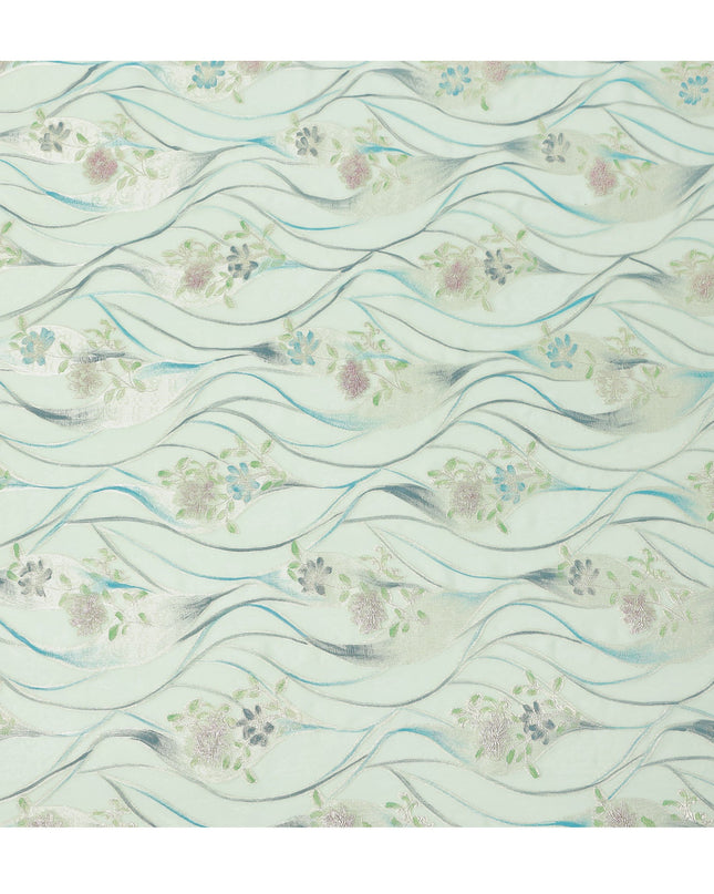 Mint Green Floral Metallic Hand Print Pure Silk Chiffon Fabric, 110 Cms, South Korea-D26922