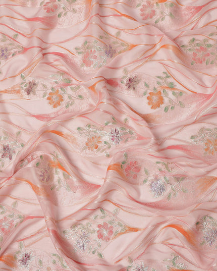Peach Pink Floral Metallic Hand Print Pure Silk Chiffon Fabric, 110 Cms, South Korea-D26921