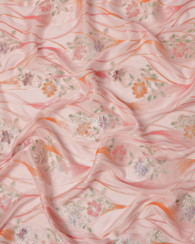 Peach Pink Floral Metallic Hand Print Pure Silk Chiffon Fabric, 110 Cms, South Korea-D26921