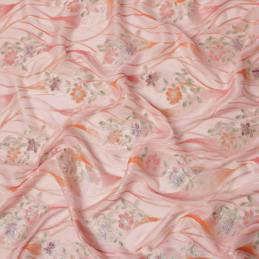 Peach Pink Floral Metallic Hand Print Pure Silk Chiffon Fabric, 110 Cms, South Korea-D26921