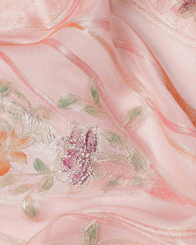Peach Pink Floral Metallic Hand Print Pure Silk Chiffon Fabric, 110 Cms, South Korea-D26921