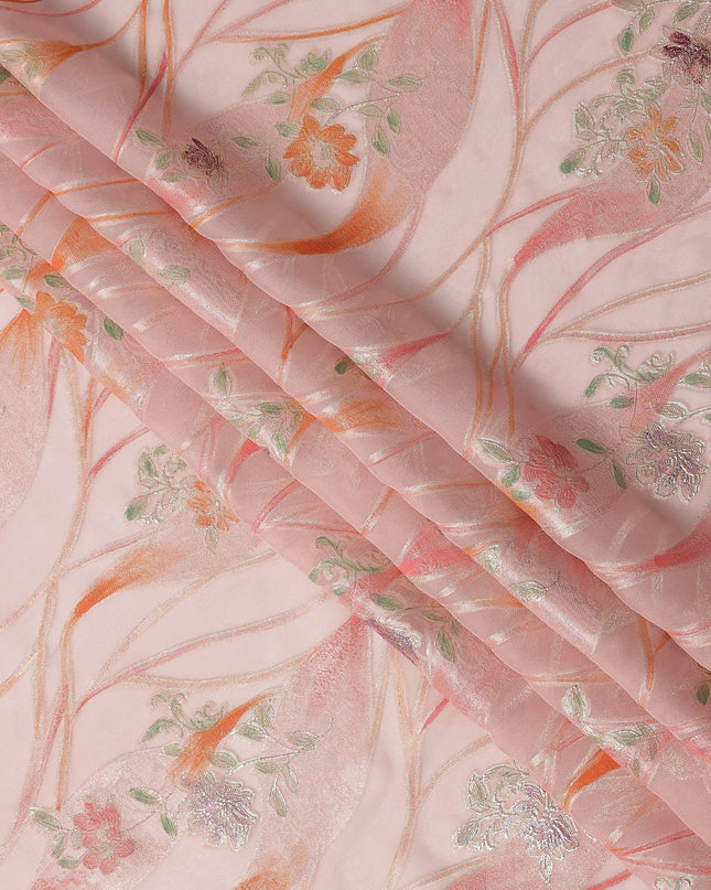 Peach Pink Floral Metallic Hand Print Pure Silk Chiffon Fabric, 110 Cms, South Korea-D26921