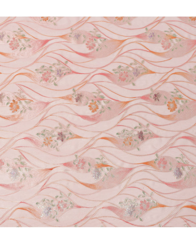 Peach Pink Floral Metallic Hand Print Pure Silk Chiffon Fabric, 110 Cms, South Korea-D26921
