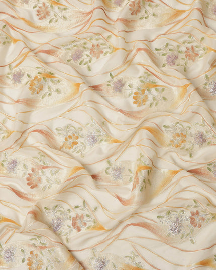 Ivory Cream Floral Metallic Hand Print Pure Silk Chiffon Fabric, 110 Cms, South Korea-D26923
