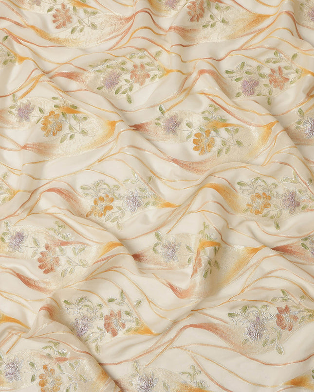 Ivory Cream Floral Metallic Hand Print Pure Silk Chiffon Fabric, 110 Cms, South Korea-D26923