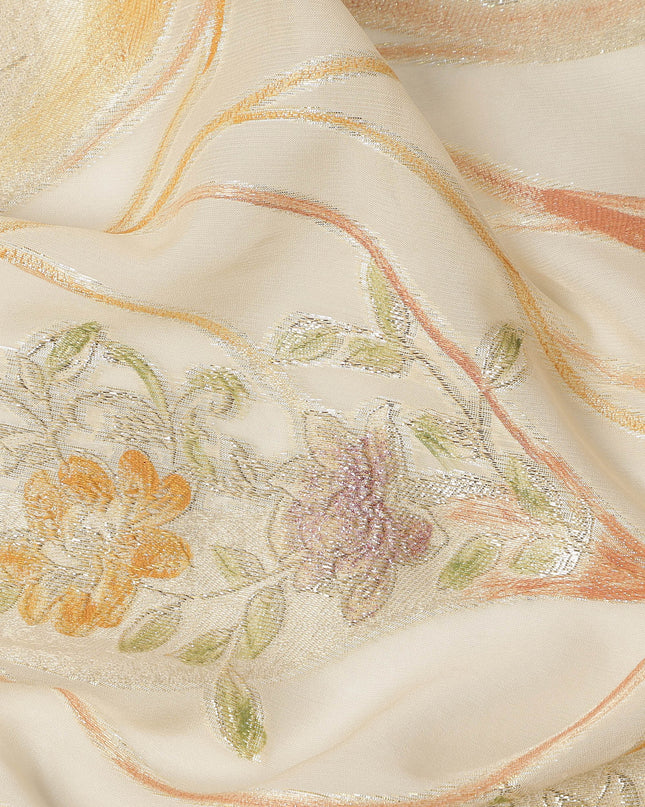 Ivory Cream Floral Metallic Hand Print Pure Silk Chiffon Fabric, 110 Cms, South Korea-D26923