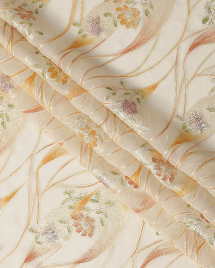 Ivory Cream Floral Metallic Hand Print Pure Silk Chiffon Fabric, 110 Cms, South Korea-D26923