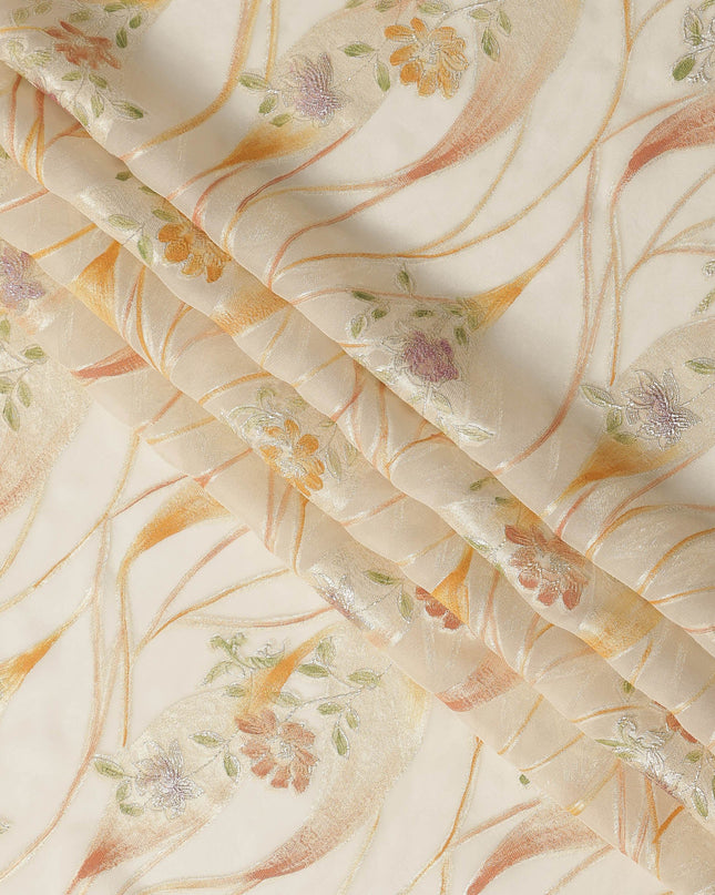 Ivory Cream Floral Metallic Hand Print Pure Silk Chiffon Fabric, 110 Cms, South Korea-D26923