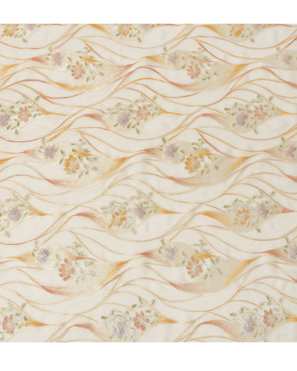 Ivory Cream Floral Metallic Hand Print Pure Silk Chiffon Fabric, 110 Cms, South Korea-D26923