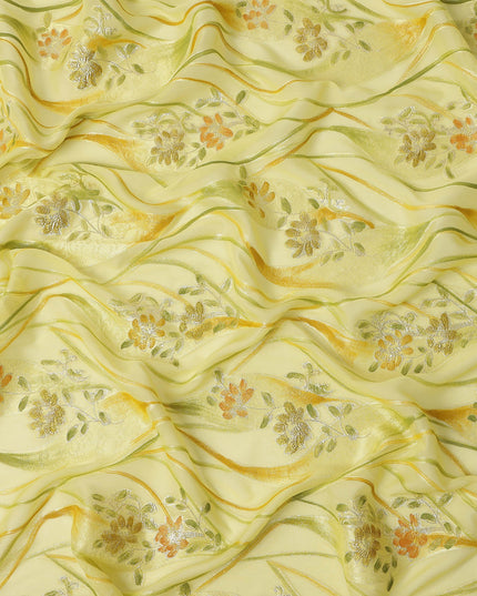 Lemon Yellow Floral Metallic Hand Print Pure Silk Chiffon Fabric, 110 Cms, South Korea-D26924