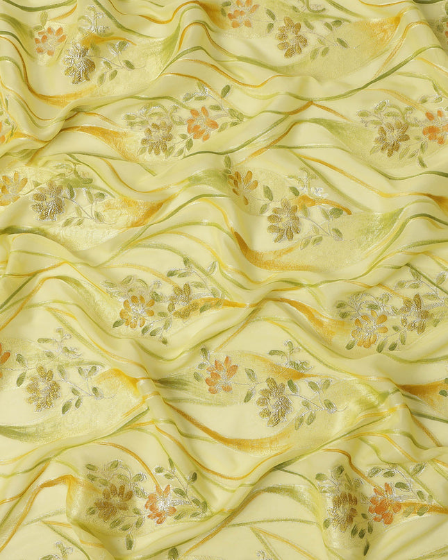 Lemon Yellow Floral Metallic Hand Print Pure Silk Chiffon Fabric, 110 Cms, South Korea-D26924