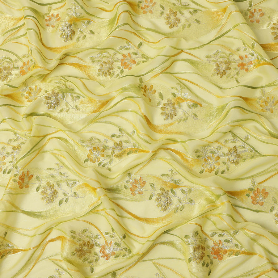 Lemon Yellow Floral Metallic Hand Print Pure Silk Chiffon Fabric, 110 Cms, South Korea-D26924