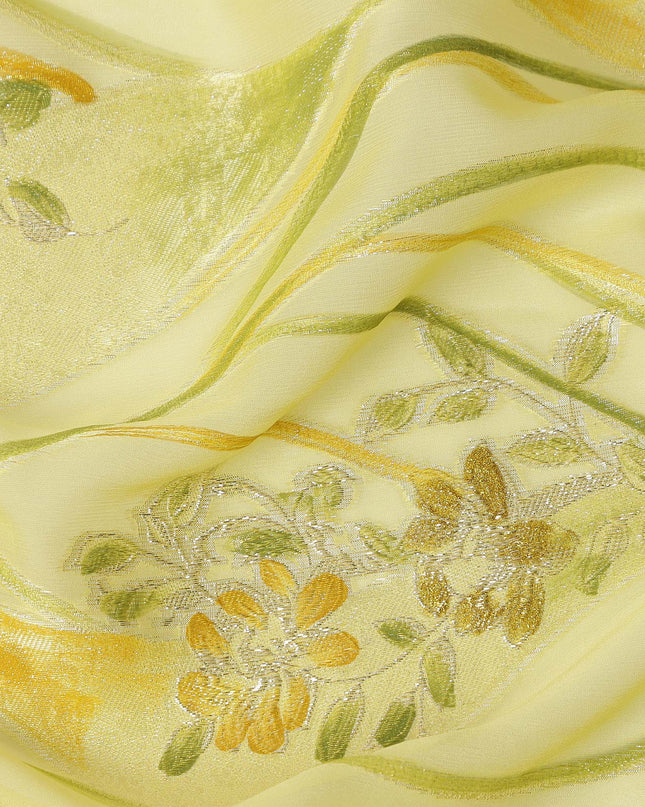 Lemon Yellow Floral Metallic Hand Print Pure Silk Chiffon Fabric, 110 Cms, South Korea-D26924