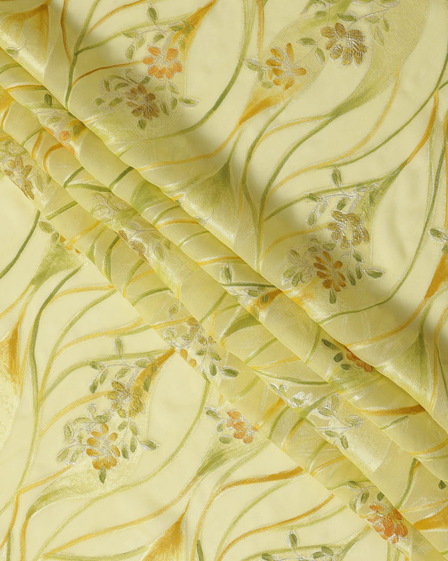 Lemon Yellow Floral Metallic Hand Print Pure Silk Chiffon Fabric, 110 Cms, South Korea-D26924