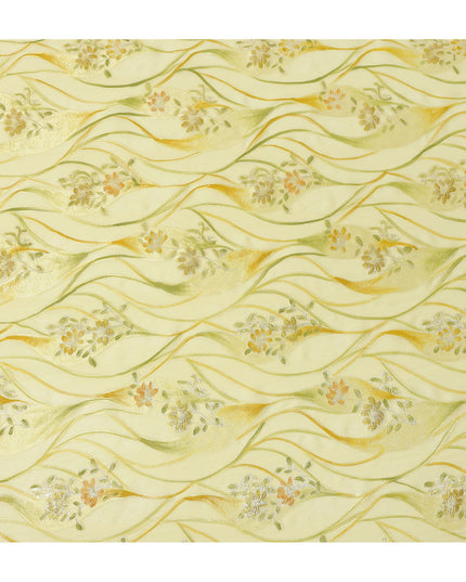 Lemon Yellow Floral Metallic Hand Print Pure Silk Chiffon Fabric, 110 Cms, South Korea-D26924