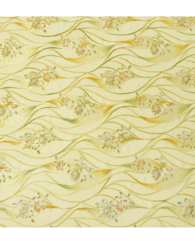 Lemon Yellow Floral Metallic Hand Print Pure Silk Chiffon Fabric, 110 Cms, South Korea-D26924