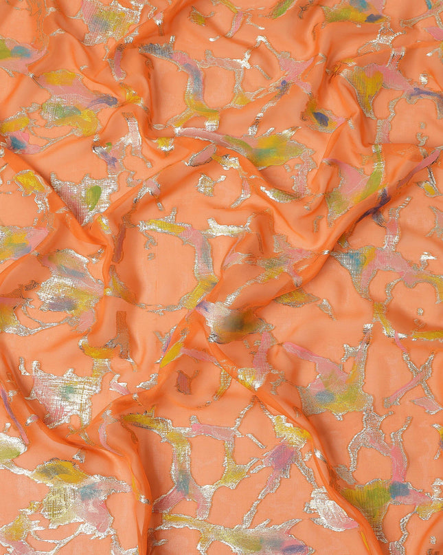 Peach Orange Abstract Metallic Hand Print Premium Pure Silk Chiffon Fabric, 110 Cms, South Korea-D26915