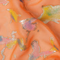 Peach Orange Abstract Metallic Hand Print Premium Pure Silk Chiffon Fabric, 110 Cms, South Korea-D26915