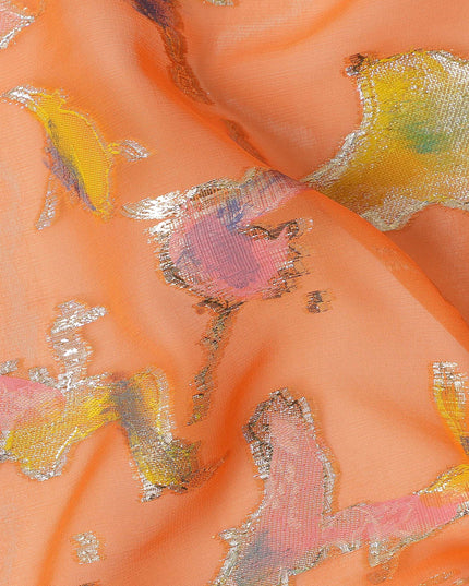 Peach Orange Abstract Metallic Hand Print Premium Pure Silk Chiffon Fabric, 110 Cms, South Korea-D26915