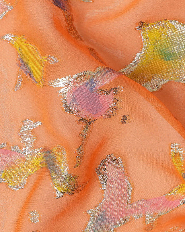 Peach Orange Abstract Metallic Hand Print Premium Pure Silk Chiffon Fabric, 110 Cms, South Korea-D26915