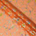 Peach Orange Abstract Metallic Hand Print Premium Pure Silk Chiffon Fabric, 110 Cms, South Korea-D26915