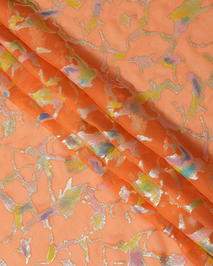 Peach Orange Abstract Metallic Hand Print Premium Pure Silk Chiffon Fabric, 110 Cms, South Korea-D26915