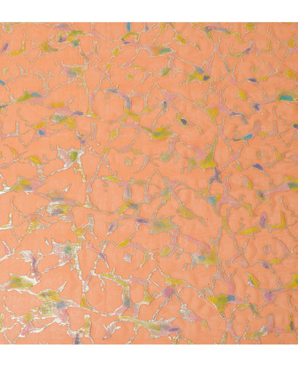 Peach Orange Abstract Metallic Hand Print Premium Pure Silk Chiffon Fabric, 110 Cms, South Korea-D26915
