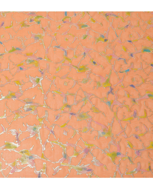 Peach Orange Abstract Metallic Hand Print Premium Pure Silk Chiffon Fabric, 110 Cms, South Korea-D26915