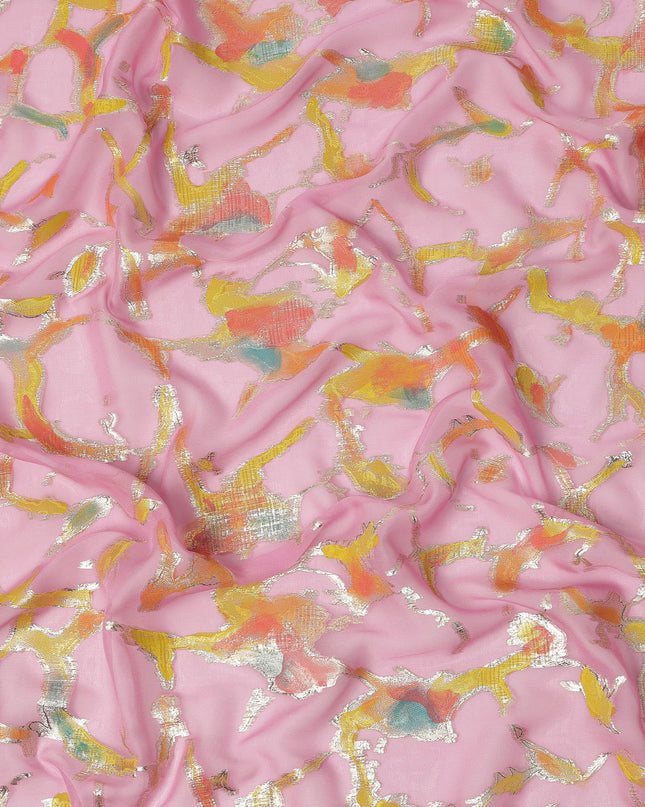 Blush Pink Abstract Metallic Hand Print Pure Silk Chiffon Fabric, 110 Cms, South Korea-D26919