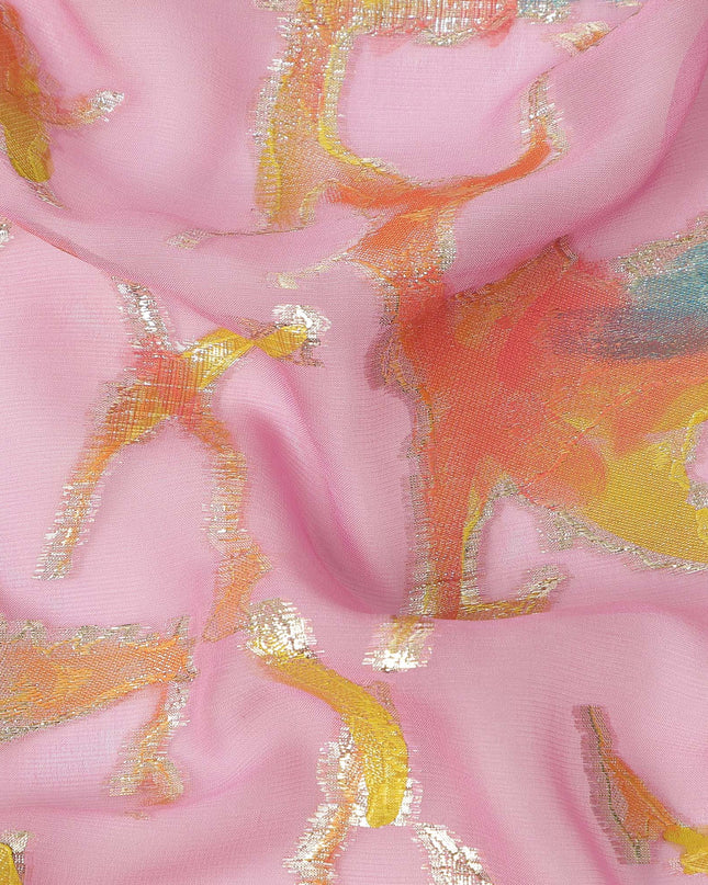 Blush Pink Abstract Metallic Hand Print Pure Silk Chiffon Fabric, 110 Cms, South Korea-D26919